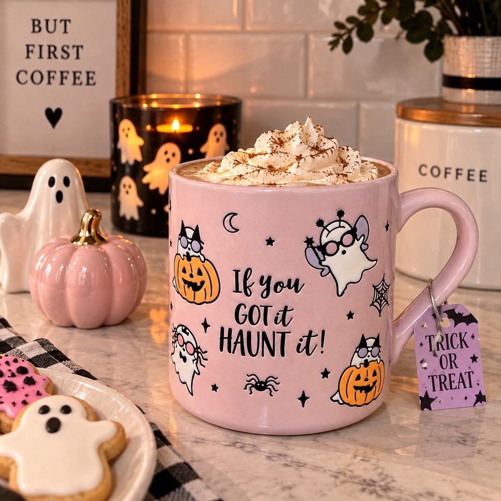 Purple Halloween Ghost & Pumpkin Ceramic Mug - If You Got It Haunt It!